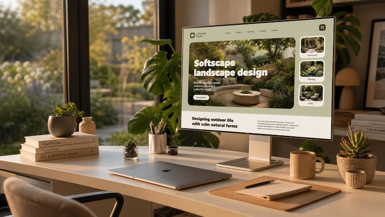 Op de afbeelding: Een moderne bureau-opstelling met een computermonitor waarop een website voor softscape landschapsontwerp wordt weergegeven. Het bureau bevat ook een gesloten laptop, een koffiemok, een notitieblok en potplanten. De tekst op het scherm luidt "Softscape landscape design".
