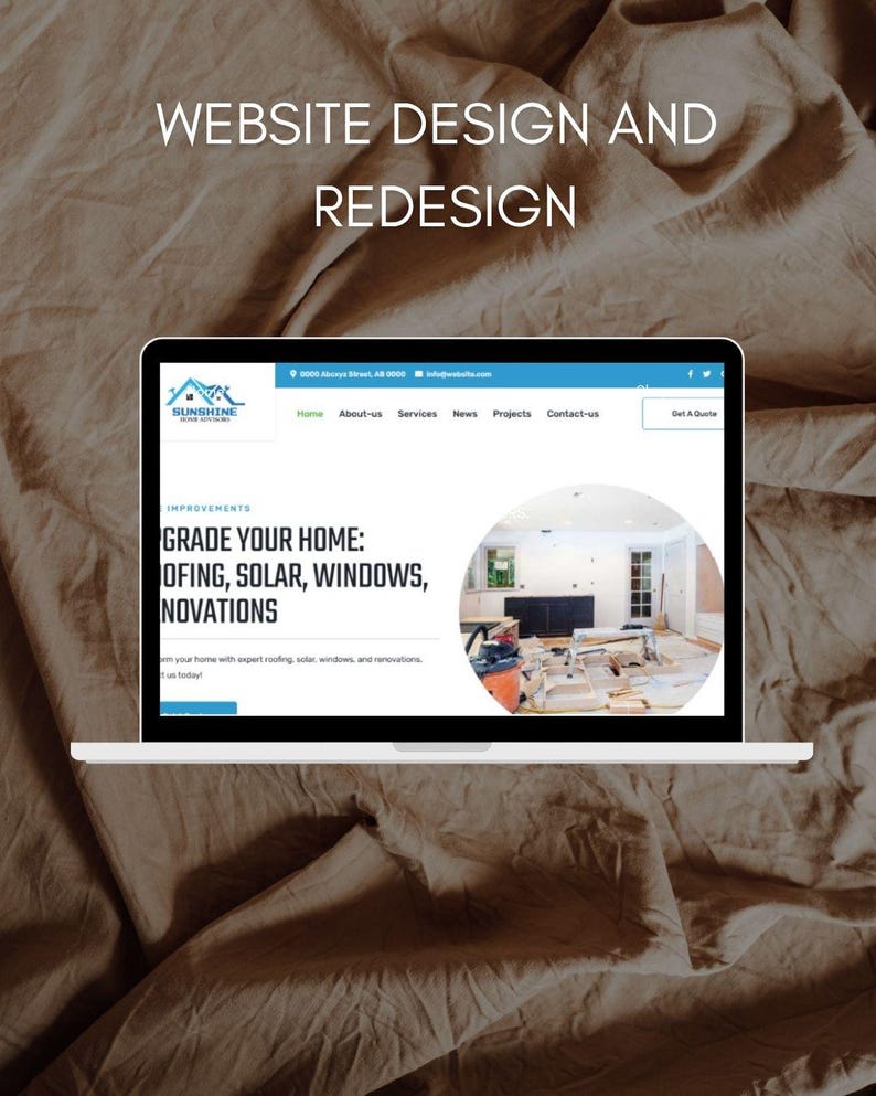 May include: A laptop displaying a website design with the text "WEBSITE DESIGN AND REDESIGN" at the top. The website features a blue and white color scheme with the company logo and the words "GRADE YOUR HOME: ROOFING, SOLAR, WINDOWS, RENOVATIONS".