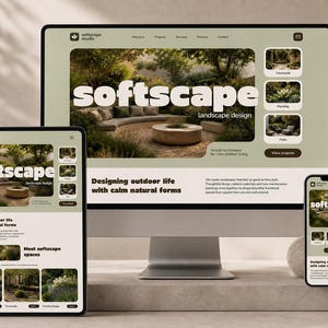 Könnte beinhalten: Ein Website-Design für "softscape studio" wird auf einem Desktop-Computer, Tablet und Smartphone angezeigt. Die Website zeigt Outdoor-Landschaftsdesigns mit dem Text "softscape landscape design" und "Designing outdoor life with calm natural forms".
