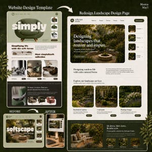 Könnte beinhalten: Ein Vergleich von Website-Designvorlagen, gekennzeichnet mit "Vorher" und "Nachher", der eine Möbel-Website und eine Landschaftsdesignseite zeigt. Das "Nachher"-Design zeigt den Text "Landschaften gestalten, die restaurieren und inspirieren."