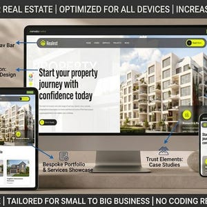 Könnte beinhalten: Ein digitales Mockup, das maßgeschneiderte Website-Lösungen für Immobilien präsentiert. Das Bild zeigt einen Desktop-Computer, ein Tablet und ein Smartphone, die jeweils eine Website-Oberfläche mit dem Text "Start your property journey with confidence today" anzeigen.