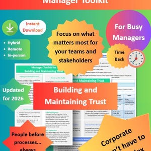 Puede incluir: Un gráfico digital de Manager Toolkit con el título "Manager Toolkit" y el texto "Building and Maintaining Trust". La imagen incluye las palabras "Descarga instantánea", "Híbrido, Remoto, En persona" y "Actualizado para 2026".
