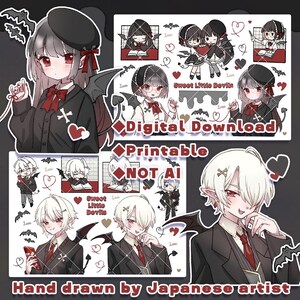 Printbare stickervel met schattige kleine duiveltjes | Handgetekend gotisch kawaii chibi-koppel | A4-formaat | Digitale download (PNG/PDF)
