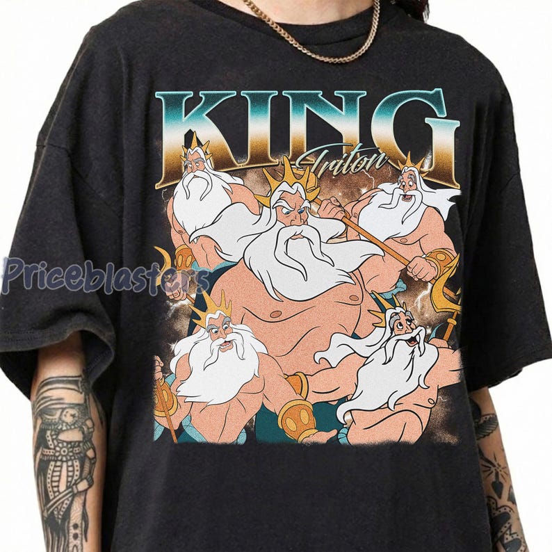 May include: Black t-shirt featuring a graphic of King Triton from The Little Mermaid. The design includes the text "KING Triton" in a vintage style, with multiple illustrations of the character. The shirt has a crew neck and short sleeves.