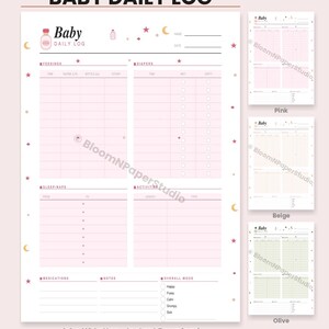 Könnte beinhalten: Rosa Baby-Tagesprotokoll zum Ausdrucken mit Abschnitten für Fütterungen, Windeln, Schlaf, Aktivitäten, Medikamente und Notizen. Das Protokoll enthält einen Stimmungstracker und ist in A4- und US-Letter-Größe erhältlich.