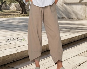 Women's Cotton Wide Leg Pants Cropped Asymmetric Boho Trousers Loose Fit Summer Bottoms Elastic Waist Beige Gift for Her