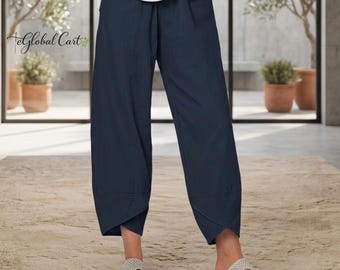 Pantalones anchos de algodón para mujer, estilo bohemio asimétrico, corte holgado, cintura elástica, color beige. Regalo ideal para ella.
