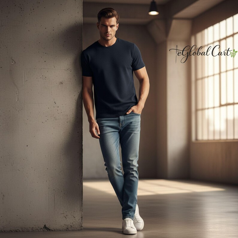May include: A man wearing a navy blue crew neck t-shirt, light blue jeans, and white sneakers. He is leaning against a concrete wall in a room with a large window. The room has a minimalist design.