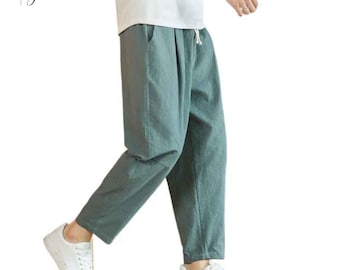 Mens Cotton Linen Pants Summer wear Casual Breathable Baggy Drawstring Gift Him
