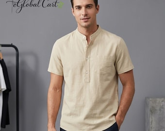 Mens Linen Henley Shirt Short Sleeve Mandarin Collar Casual Summer Cotton Top