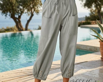 Linen Wide Leg Pants High Waist Drawstring Pants, Cropped Jogger Pants with Pockets Casual Summer Vacation Pants for Women