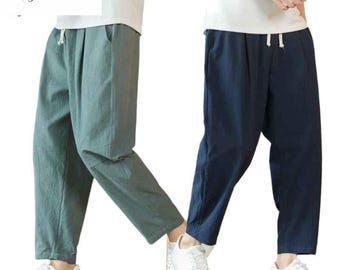 Mens Cotton Linen Pants Casual Breathable Baggy Drawstring Gift Him
