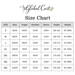 May include: A size chart with the text "Size Chart" and the logo "teGlobal Cart". The chart lists sizes S to 4XL, with measurements for bust, length, shoulder, sleeve, height, and weight in centimeters and kilograms.