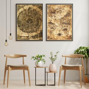 May include: Two framed vintage-style maps, one a world map and the other a circular design, hang on a white wall. Below, two wooden chairs with beige cushions flank two small side tables with vases of flowers.