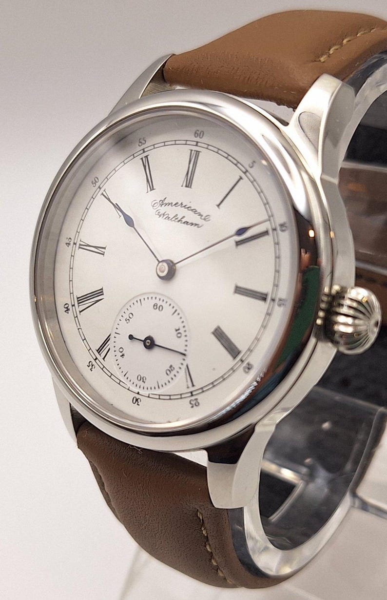 Waltham Vintage 6s fickur med äktenskapsnummer, ombyggt 40 mm rostfritt stål armbandsur, ca 1892, urverk bild 1