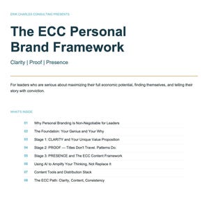 May include: A white and blue document titled "The ECC Personal Brand Framework." The document lists key topics including "Clarity, Proof, Presence" and "Why Personal Branding Is Non-Negotiable for Leaders."
