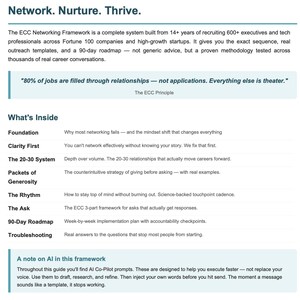 May include: A white document with the title "Network. Nurture. Thrive." and a description of the ECC Networking Framework. The document includes a list of topics such as "Foundation" and "Clarity First."