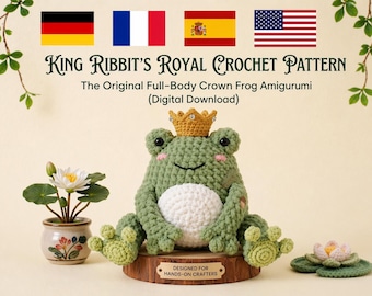 Patrón de rana a crochet en PDF (inglés, alemán, francés, español), tutorial de peluche amigurumi con corona