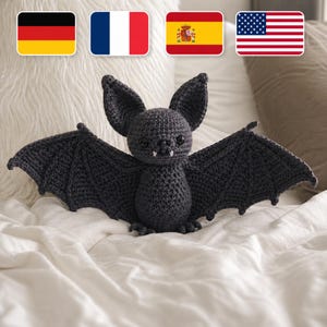 Patrón de murciélago a crochet en PDF (inglés, alemán, francés, español), tutorial de amigurumi para juguetes de Halloween.