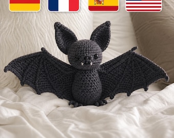 Schema per pipistrello all'uncinetto in PDF (inglese, tedesco, francese, spagnolo), tutorial per giocattoli amigurumi di Halloween