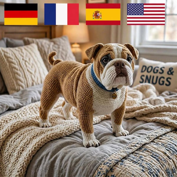 Crochet Bulldog Pattern PDF (English, German, French, Spanish), Realistic Amigurumi Puppy Tutorial