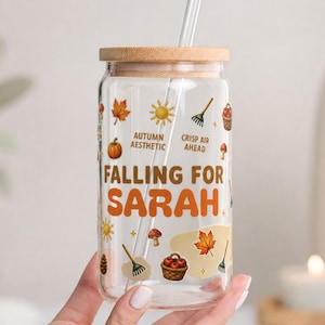 Personalized Fall Glass Can Cup, Falling For Custom Name Autumn Tumbler, Fall Aesthetic Cup with Bamboo Lid & Straw, Fall Gift for Her