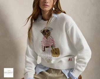 Preppy Bear Knit Sweater for Women, Polo Ralph Lauren Animal Graphic Pullover