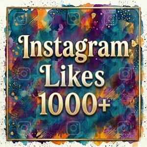 May include: A square graphic with a watercolor background in shades of teal, purple, orange, and gold. The words "Instagram Likes 1000+" are in gold, stylized lettering. Instagram logo icons are in the background.