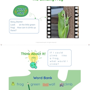 Peut inclure: Une page du carnet My Story Notebook intitulée The Climbing Frog avec une grenouille verte sur un tronc d'arbre, un graphique Start Here, une section Think About It avec une icône d'ampoule et une banque de mots avec frog, green, wall, climb.