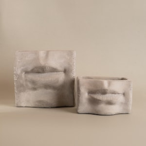 May include: Two gray concrete planters, each with a sculpted face featuring a pair of lips. The larger planter is square, while the smaller one is rectangular. The planters are set against a neutral background.