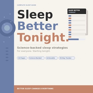 Könnte beinhalten: Ein Schlaf-Ratgeber mit dem Titel „Sleep Better Tonight“ mit dem Text „Wissenschaftlich fundierte Schlafstrategien für alle. Ab heute Abend.“ Der Ratgeber enthält einen 30-Tage-Tracker und basiert auf wissenschaftlichen Erkenntnissen. Das Cover ist hauptsächlich blau und weiß.
