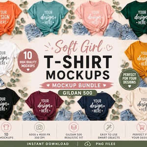 Maquetas de camisetas Soft Girl, paquete de maquetas Gildan 500, maqueta de camiseta plana, paquete de maquetas femeninas, maqueta de camiseta de boutique, maqueta PNG