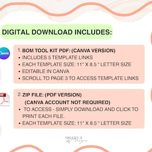 May include: Digital download graphic with text: "DIGITAL DOWNLOAD INCLUDES:" detailing a BOM Tool Kit PDF and a ZIP file. The PDF templates are 27.9 cm x 21.6 cm (letter size). The Canva version includes 5 template links.