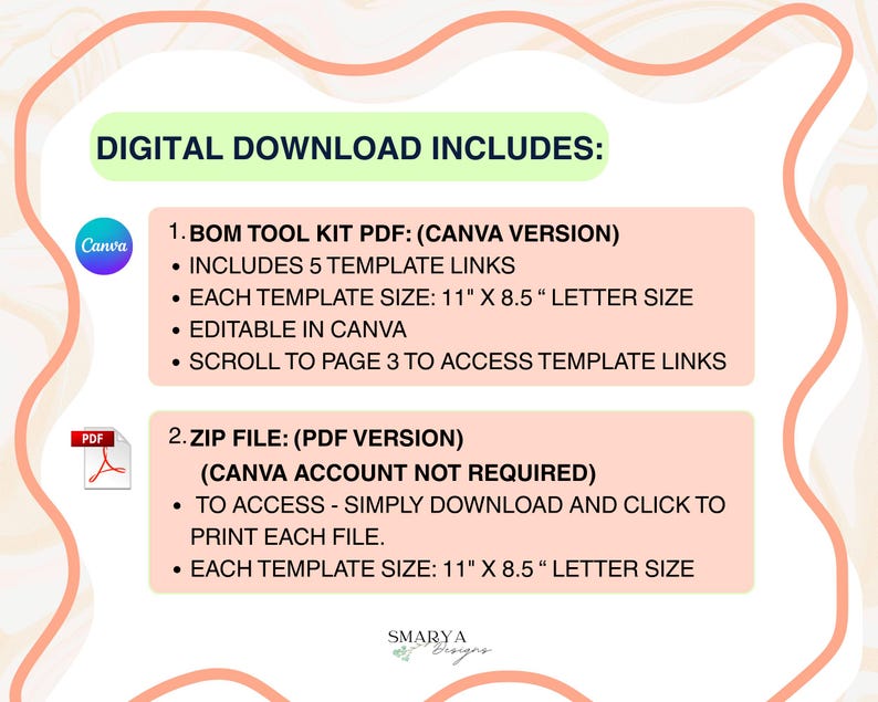 May include: Digital download graphic with text: "DIGITAL DOWNLOAD INCLUDES:" detailing a BOM Tool Kit PDF and a ZIP file. The PDF templates are 27.9 cm x 21.6 cm (letter size). The Canva version includes 5 template links.
