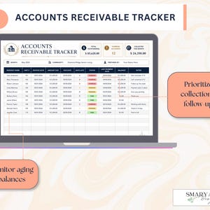 May include: A laptop screen showing an "Accounts Receivable Tracker" spreadsheet. The spreadsheet displays resident names, invoice dates, amounts due, and payment statuses. Text on the screen includes "Monitor aging balances" and "Prioritize collections follow up."