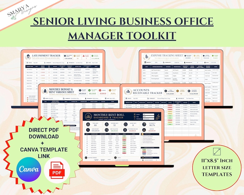 May include: A digital toolkit for senior living business office managers. The image displays several laptop screens showcasing financial templates, including a late payment tracker, expense tracking sheet, and monthly rent roll. The text includes "Direct PDF Download" and "Canva Template Link."