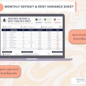 May include: A laptop screen shows a "Monthly Deposit & Rent Variance Sheet" with financial data. The sheet compares expected versus actual deposits, highlighting variances. Text on the screen includes "Total Rent Expected" and "Total Rent Received."