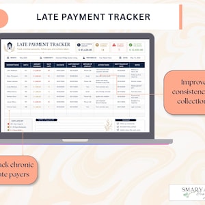 May include: A laptop screen shows a "LATE PAYMENT TRACKER" spreadsheet. The spreadsheet tracks overdue accounts, follow-ups, and actions taken. The design includes a light peach and white color scheme with the text "Track chronic late payers" and "Improve consistency in collections".