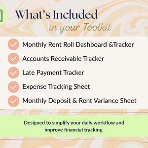 May include: A digital toolkit graphic with the text "What's Included in your Toolkit." The toolkit includes a monthly rent roll dashboard, accounts receivable tracker, late payment tracker, expense tracking sheet, and monthly deposit sheet.
