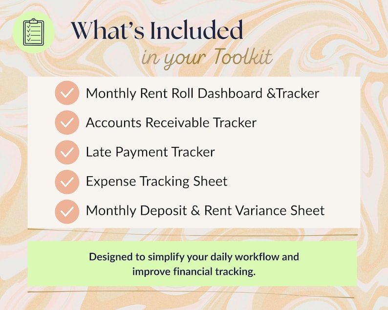 May include: A digital toolkit graphic with the text "What's Included in your Toolkit." The toolkit includes a monthly rent roll dashboard, accounts receivable tracker, late payment tracker, expense tracking sheet, and monthly deposit sheet.