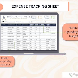 May include: A laptop screen shows an expense tracking sheet titled "EXPENSE TRACKING SHEET". The sheet has columns for date, description, category, vendor, budget, actual amount, and variance. Text bubbles highlight features like identifying overspending categories and monitoring spending versus budget.