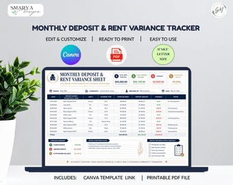 Deposits & Rent Variance Tracker | Monthly Deposit Log ( Editable Canva Template + Printable PDF )