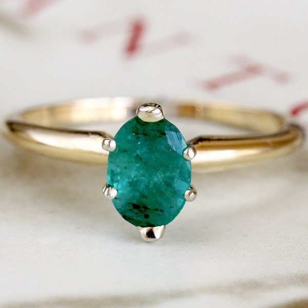 .76ct Natural Vintage anillo de compromiso solitario Esmeralda, esmeralda anillo de los años 1950, 14 k anillo de oro aniversario de mediados de siglo