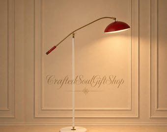 Mid Century Modern Adjustable Floor Lamp, Red Dome Shade Floor Lamp, Italian Style Reading Lamp, Brass & White Standing Lamp, Luxury Lights.