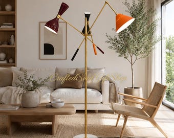 Mid Century Modern Brass Floor Lamp | 3 Shade Italian Style Standing Lamp | Burgundy Black Orange Floor Light | Marble Base Lamp