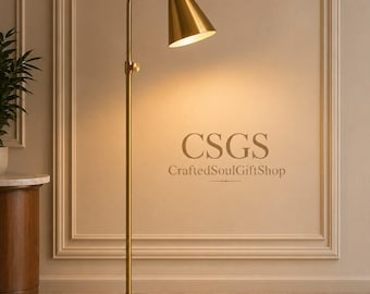 Moderne messing vloerlamp, 173 cm hoge verstelbare leeslamp, handgemaakte massief messing staande lamp, vloerlamp in mid-century modern stijl, messing lamp.