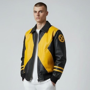 May include: A black and yellow leather jacket featuring a pointed collar, a front zipper closure, and ribbed cuffs. The design includes a large yellow X-shaped pattern on the front and a circular yellow X-Men logo patch on the upper left sleeve.