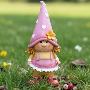 May include: A charming garden gnome figurine with a pink hat decorated with white hearts and a yellow flower. The gnome wears a pink dress and boots, holding a leash attached to a ladybug figurine. The gnome is standing in a grassy area.