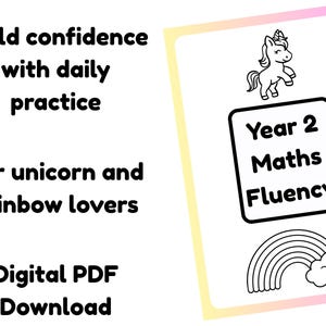 Puede incluir: Descarga digital en PDF con el texto "Construye confianza con la práctica diaria" y "Para los amantes de los unicornios y el arcoíris". La imagen incluye un unicornio, un arcoíris y las palabras "Year 2 Maths Fluency".