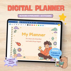 Pode incluir: Uma agenda digital exibida na tela de um tablet com o texto My Planner, For those who think fast and make things happen. A interface inclui uma barra de ferramentas, 48 páginas com hiperlinks, 60 adesivos, 7 capas e 4 notas gratuitas.